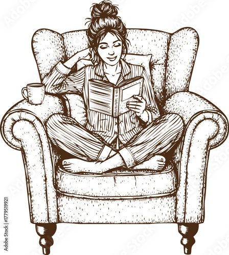 An engraving art style illustration young woman in pajamas sitting comfortably in an armchair with a book and a cup of coffee