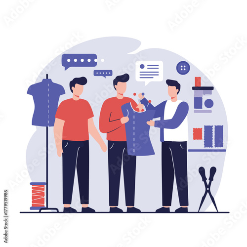 Three cartoon figures examining a blue dress, with tools and a dress form displayed