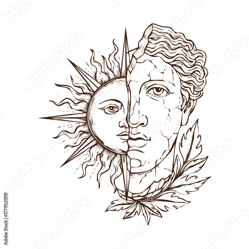 An engraving art style illustration artistic representation of a face split between the sun and a classical statue, symbolizing duality