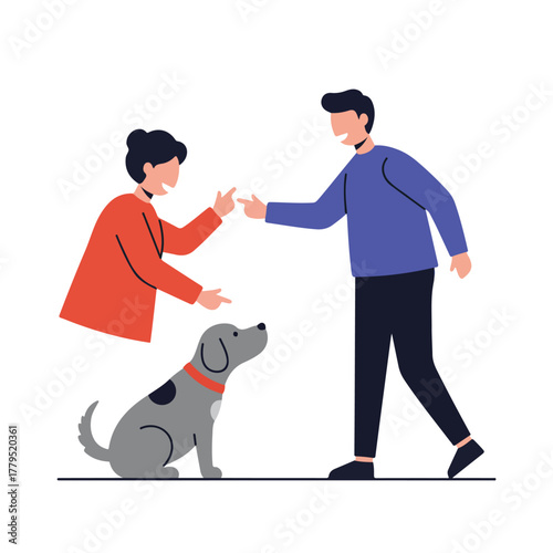 An illustration of a dog looking up at two figures, appearing to be interacting. One points. Simple design
