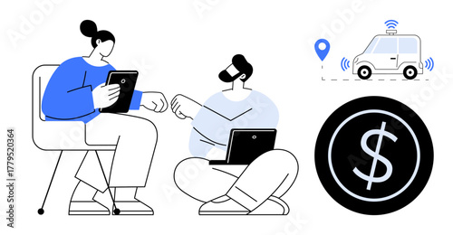 Two individuals working on tablets and laptop, discussing ride-sharing car with locator and cost icon. Ideal for technology, teamwork, transportation, finance, app design, innovation, planning