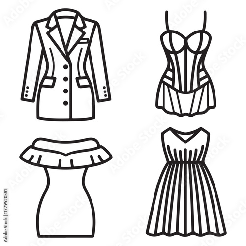Collection of four black and white line art fashion garment icons clothing apparel