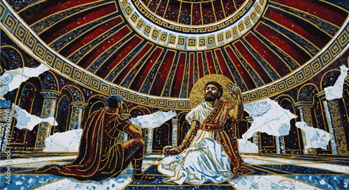 Ancient Scholars Discussing Wisdom Under a Grand, Ornate Dome