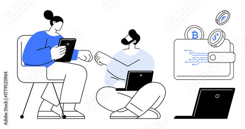 Two individuals using tablets and laptops discuss digital assets and cryptocurrency wallets. Ideal for technology, finance, teamwork, crypto, innovation, digital communication, creative workflow