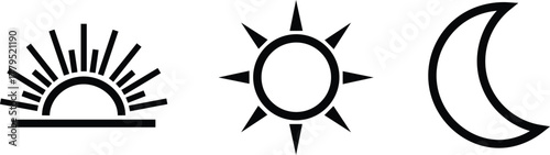 Three black graphic symbols sun moon and sunrise on white background celestial