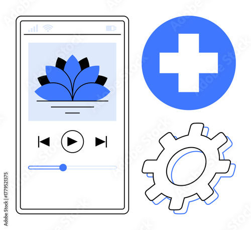 Smartphone screen with a meditation app featuring a lotus flower, media controls, health cross, and gear icon. Ideal for wellness, meditation, technology, apps lifestyle health relaxation. A