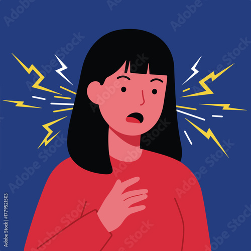 An illustration shows a woman in shock, surrounded by lightning, emphasizing anxiety or panic