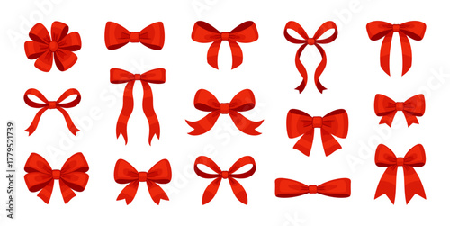 Various red bows Set, gift ribbons. Hand drawn trendy flat style. Hair accessories. Bow knots for gift wrapping. Gift bows.Ideal for cards, packaging, and festive decorations. Vector illustration