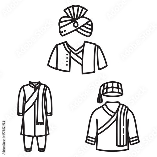 Three black and white line art icons of traditional Indian men's clothing fashion apparel
