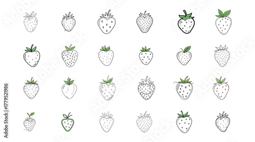 Collection of hand drawn strawberry illustrations with sketchy lines and minimalist style