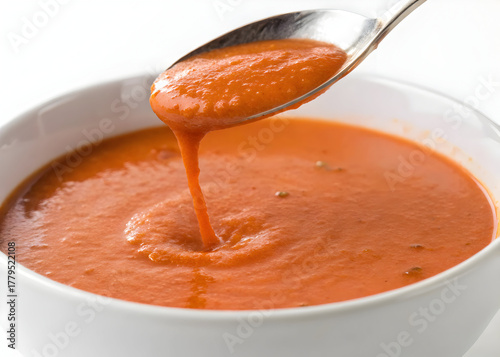 Smooth tomato soup dripping from a silver spoon into a white bowl on a clean surface