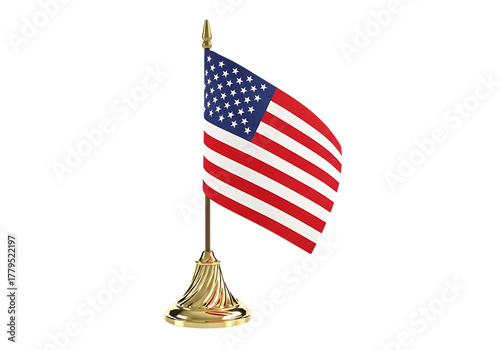 Small american flag on a decorative gold base standing proudly isolated on transparent background