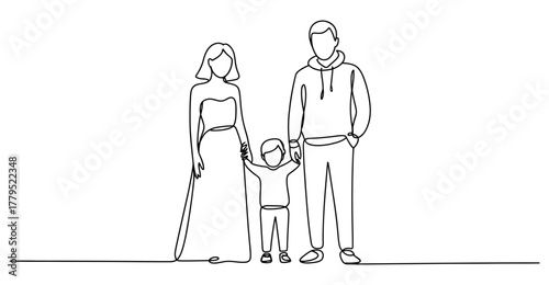  Minimalist line drawing of modern family with child holding hands between parents, continuous style symbolizing unity, care, and connection