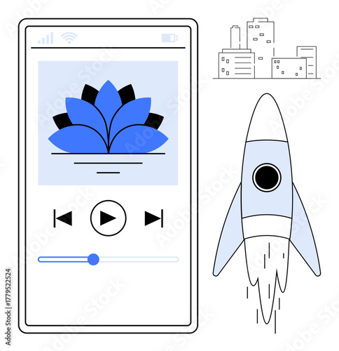 Smartphone screen displays meditation audio player with lotus graphic. Rocket launches beside it, representing growth. Ideal for wellness, startup, innovation, progress, technology, mindfulness