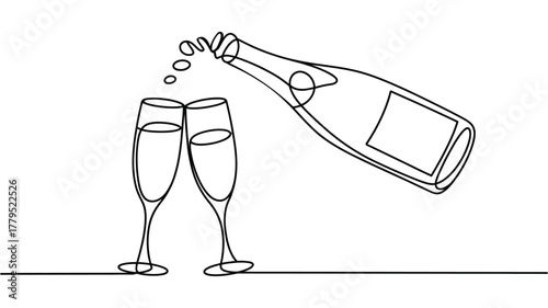  Minimalist line drawing of bottle pouring liquid into two champagne glasses, continuous style symbolizing celebration and festive moments