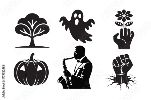 Black Silhouette Icons Collection Tree Ghost Hand Saxophone Fist Pumpkin Daisy Flower Vector Graphics.