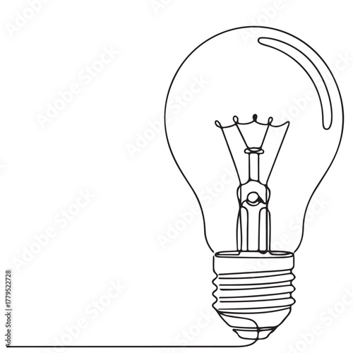 Continuous Line Drawing of a Light Bulb Symbolizing Idea and Innovation on a White Background