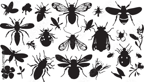 A comprehensive collection of colorful insect and butterfly illustrations, including beetle, ant, bee, fly, and spider silhouettes in a natural pattern