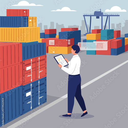 A person in a port inspects cargo containers, holding a tablet, with a crane, clouds, and a city skyline