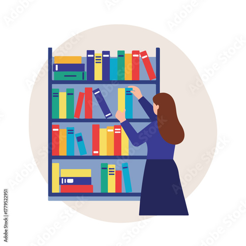 A person reaches for a book on a shelf filled with colorful books. All within a soft-toned background