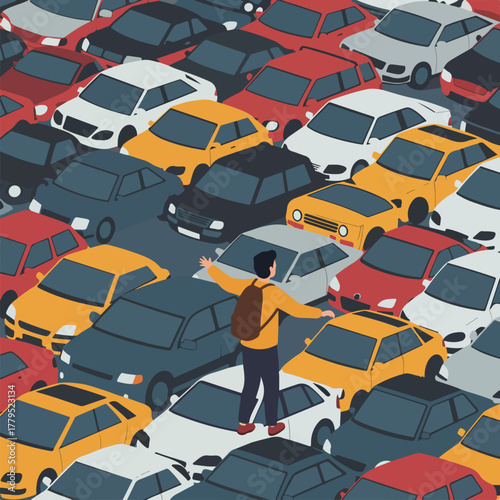A person with a backpack stands on a car amongst a congested sea of vehicles of various colors
