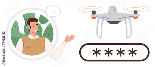 Smiling support agent with headset gesturing, quadcopter flying nearby, password input box below. Ideal for technology assistance, Quadcopter guidance, remote support, cybersecurity, tech education