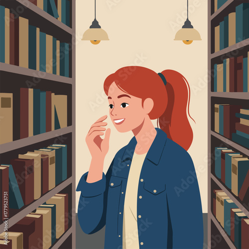 A smiling woman with red hair, in a library, stands between bookshelves. Light fixtures hang above