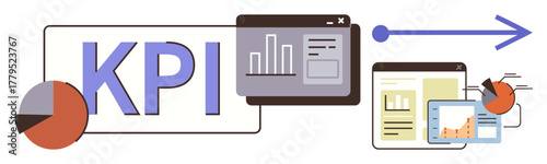 KPI text with charts, graphs, screens, and progress arrow represents data analysis, performance tracking, reporting, growth strategy, data visualization analytics insights and goals. Ideal