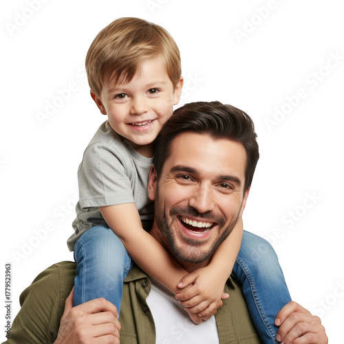 Happy father carrying son on shoulders isolated on transparent background