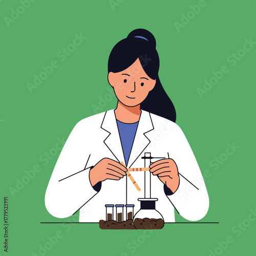 A female scientist in a lab coat performs a test with test tubes and a beaker on a green background