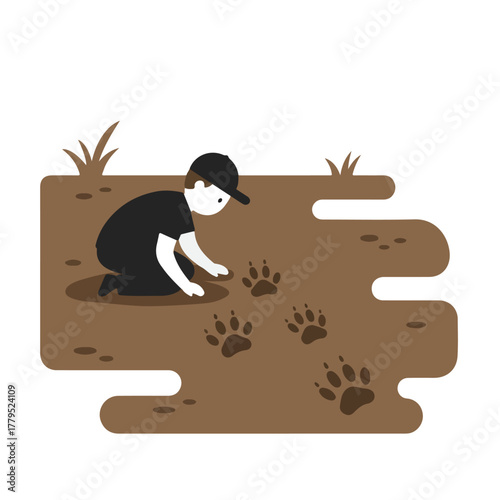 A person kneels, examining paw prints on a brown landscape with stylized grass