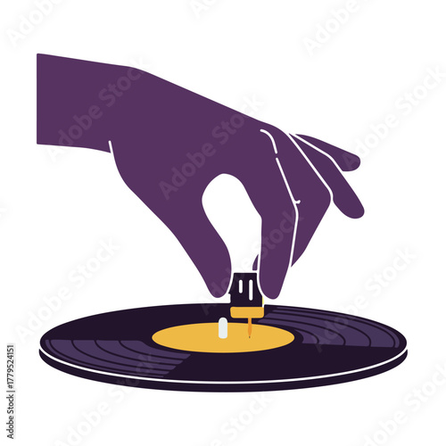 A stylized hand lowering a needle onto a vinyl record, showcasing musical performance