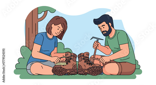 Couple cleaning hiking boots outdoors