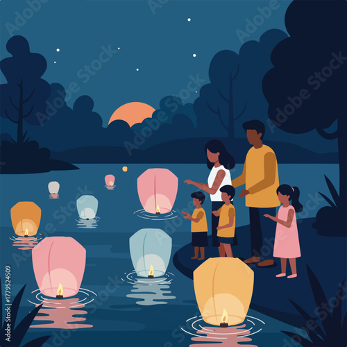 A family gathers near a lake at night, releasing paper lanterns that float on the water