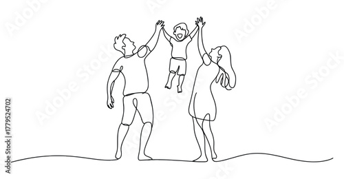  Minimalist line drawing of joyful family moment with two adults lifting child between them, continuous line art of playful interaction