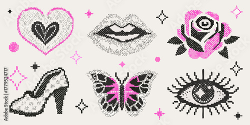 Pixelated pink and black icons of a heart lips rose high heel butterfly and eye