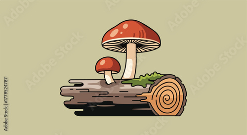 Cartoon illustration of mushrooms on a log