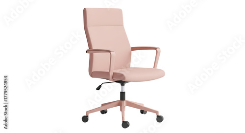 Modern ergonomic office chair with high back and armrests in a soft pink color isolated on transparent background