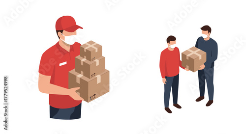 Contactless delivery service with masked workers handling packages