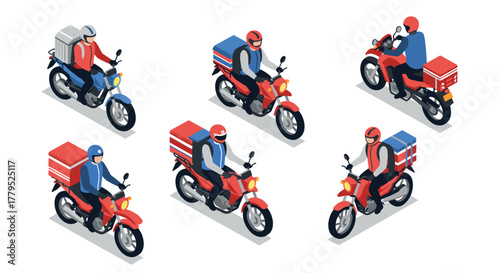 Colorful isometric motorbike delivery drivers in red and blue uniforms with packages