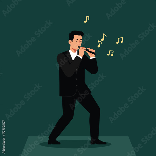 A musician in a black suit plays a wind instrument, music notes float nearby against a teal backdrop