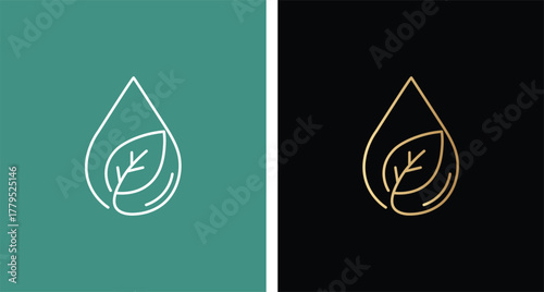 Two minimalist logos with leaf inside a water drop on teal and black backgrounds nature