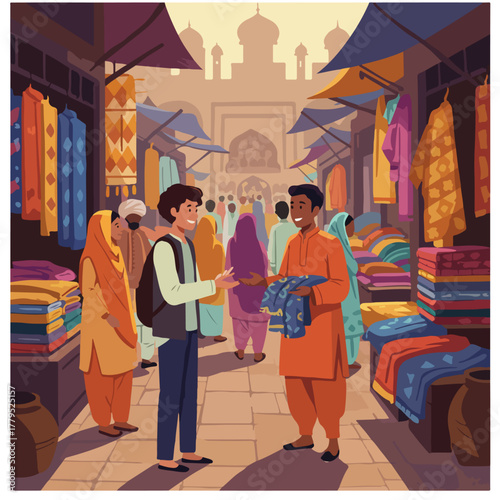 Illustration of a bustling marketplace in an Eastern setting, featuring shopkeepers, shoppers, and colorful textiles