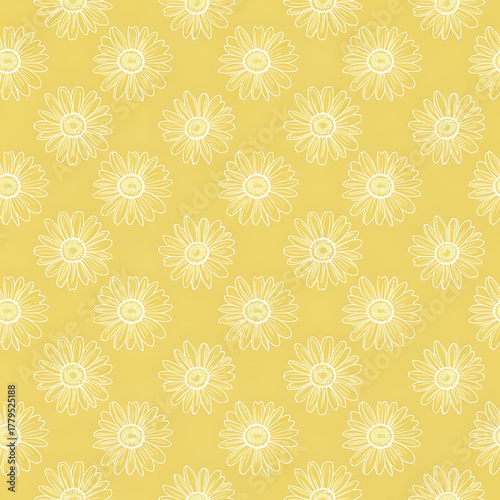 Seamless pattern of handdrawn white daisy flowers on a yellow background, floral illustration texture
