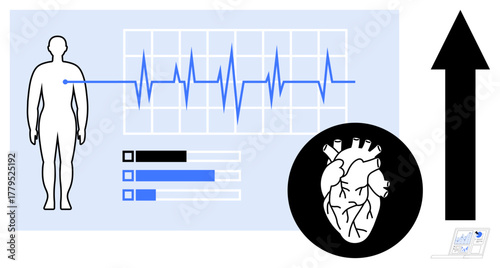Human silhouette next to ECG graph, heart illustration, bar chart, and upward arrow. Ideal for health, cardiology, fitness, medical analysis diagnostics performance wellness. Simple flat metaphor