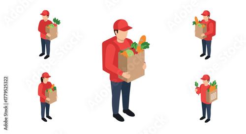 Isometric delivery person in red uniform holding grocery bag
