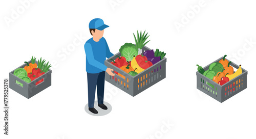 Delivery worker with vegetable boxes in isometric style for grocery shopping themes