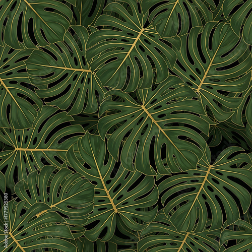 Seamless pattern of dark green monstera leaves with gold veins on a black background, tropical plant texture