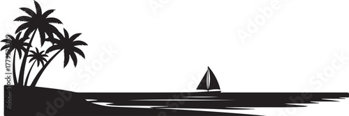 Tropical Beach Scene Silhouette with Palm Trees and Sailboat Keywords: beach, silhouette