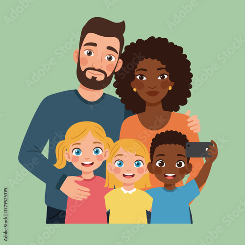 A diverse family of five, including parents and children, smiles and poses for a selfie against a green backdrop